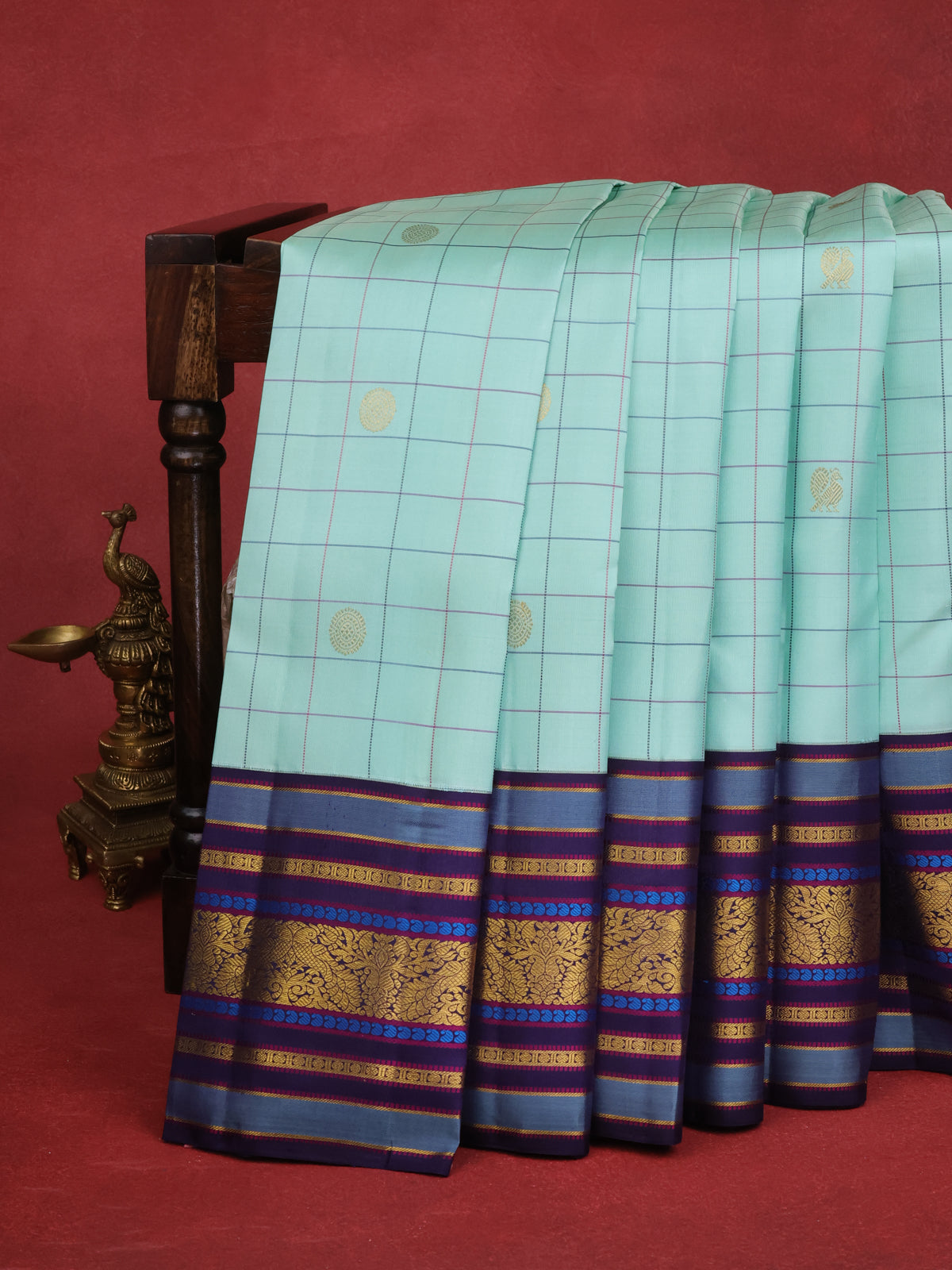 Teal Blue & Navy Blue Kanchipuram Silk Saree Witth Allover Checks & Zari Buttas