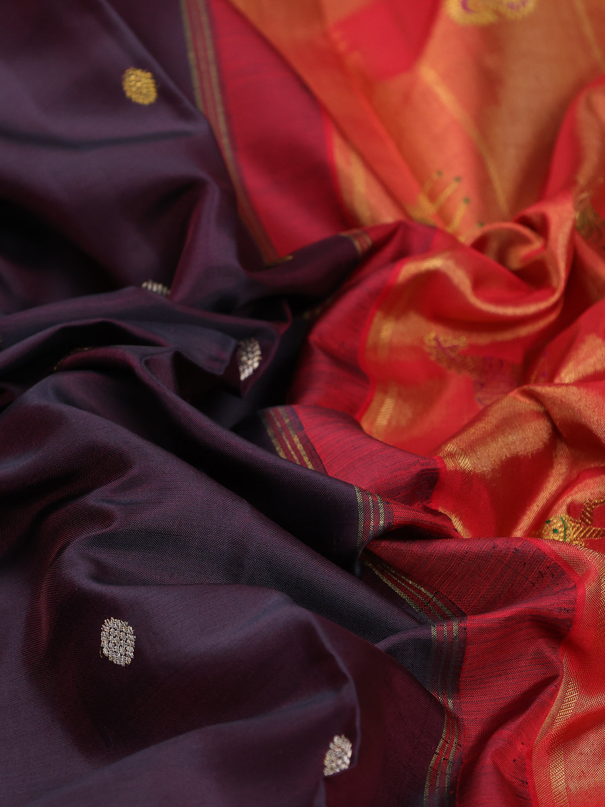 Deep Wine & Red Kanchipuram Silk Saree Witth Golden Zari Buttas And Rich Border