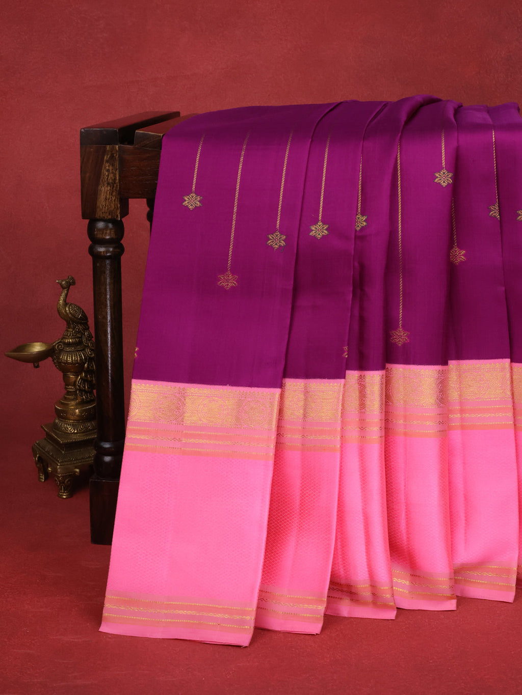 Purple & Candy Pink Kanchipuram Silk Saree Witth Golden Zari Weaves