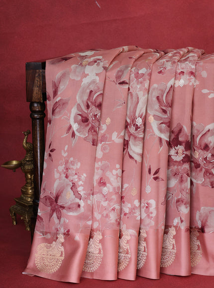 Peach Banarasi Silk Saree With Allover Digital Prints & Zari Butta Border