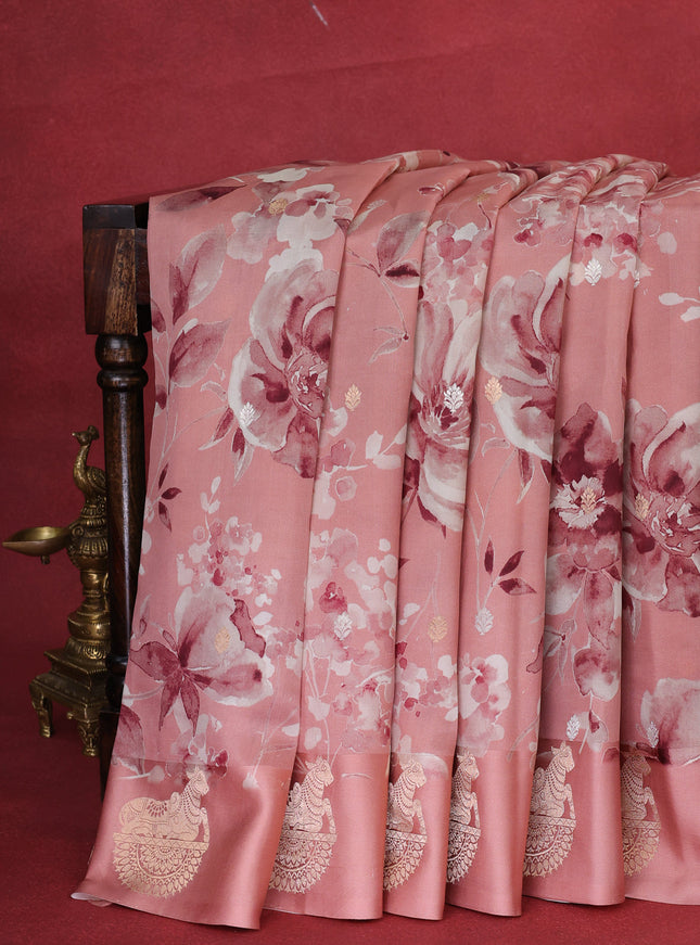 Peach Banarasi Silk Saree With Allover Digital Prints & Zari Butta Border