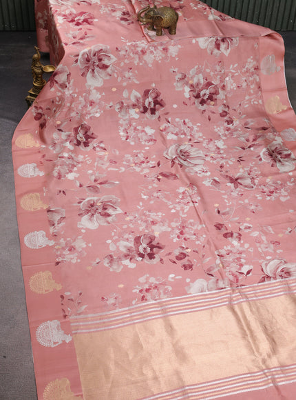 Peach Banarasi Silk Saree With Allover Digital Prints & Zari Butta Border
