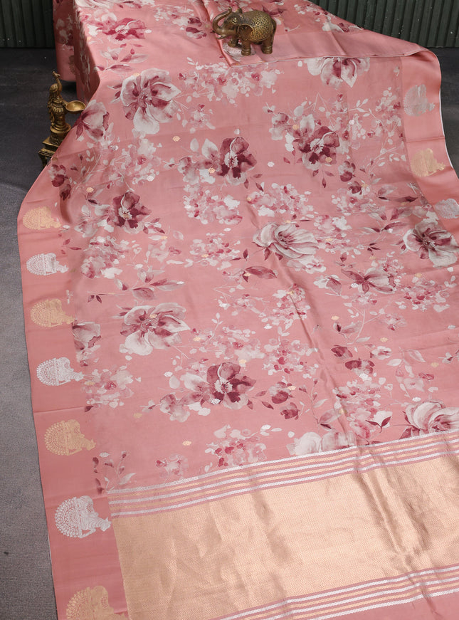 Peach Banarasi Silk Saree With Allover Digital Prints & Zari Butta Border