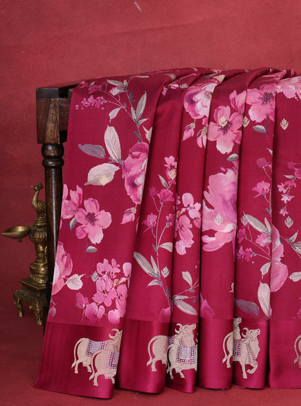 Maroon Banarasi Silk Saree With Allover Digital Prints & Zari Butta Border