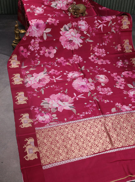 Maroon Banarasi Silk Saree With Allover Digital Prints & Zari Butta Border