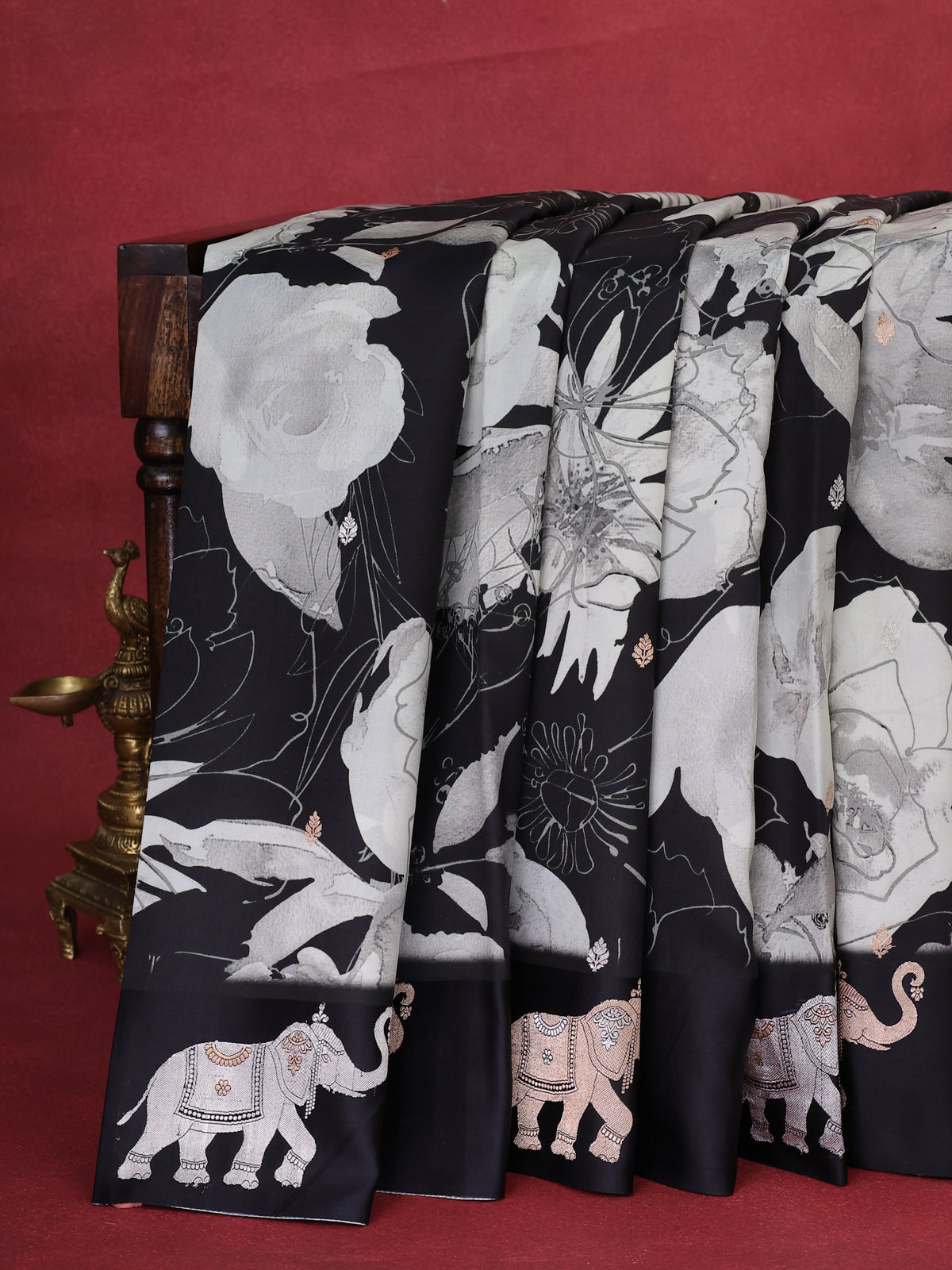 Black Banarasi Silk Saree With Allover Digital Prints & Elephant Butta Border