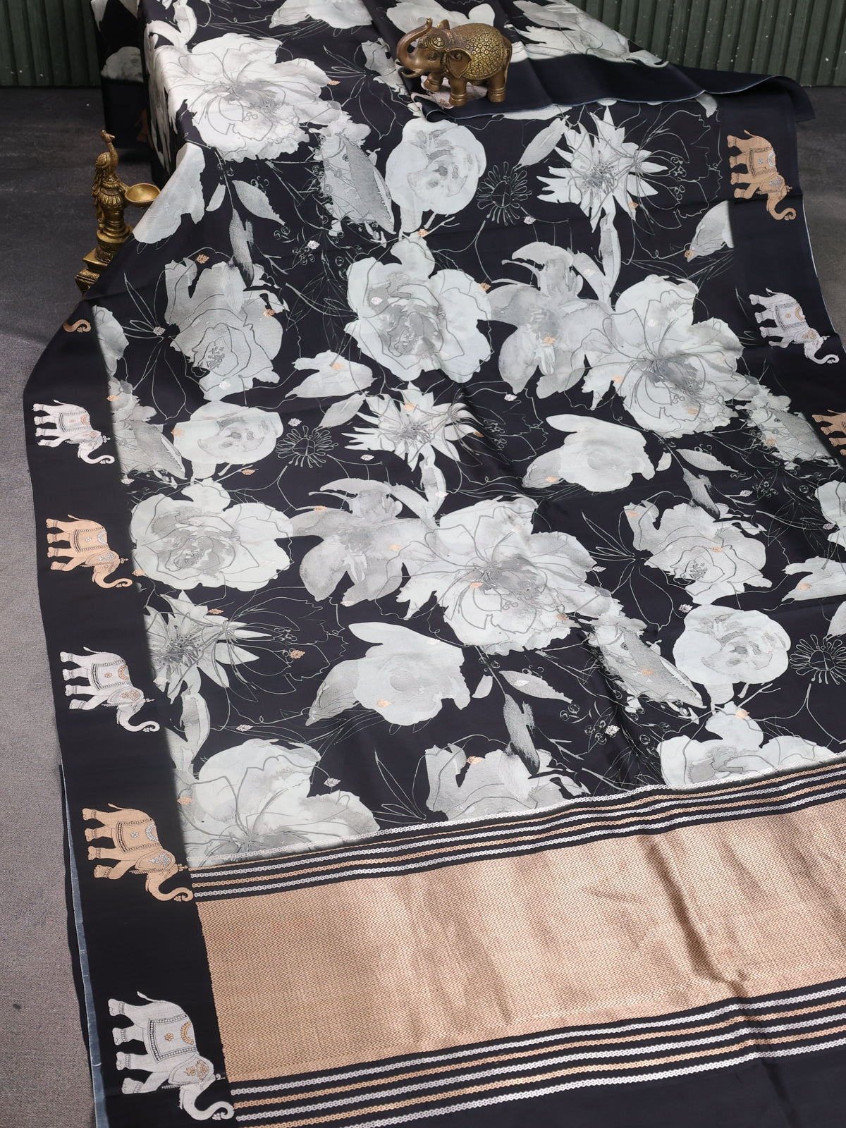 Black Banarasi Silk Saree With Allover Digital Prints & Elephant Butta Border