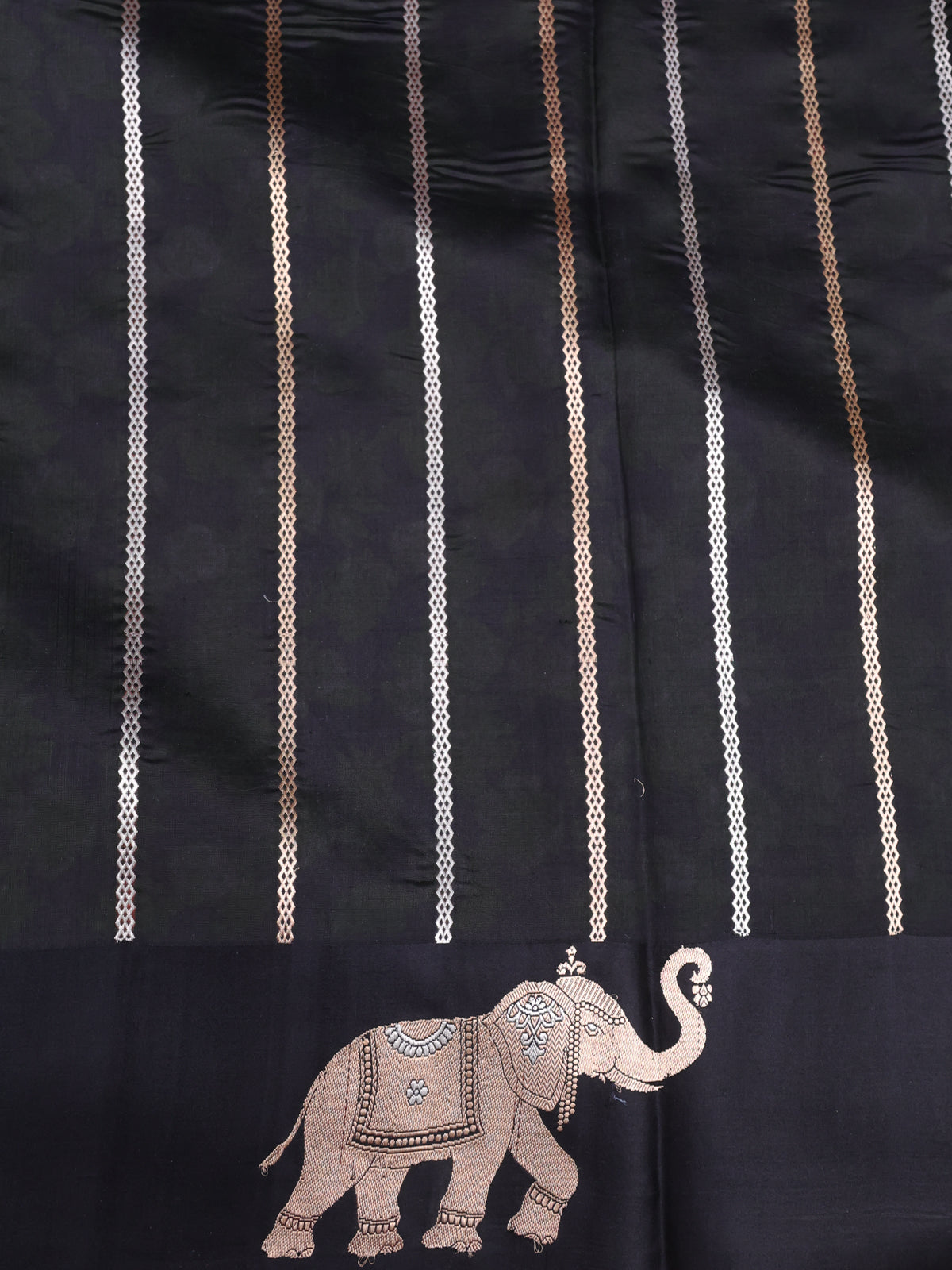 Black Banarasi Silk Saree With Allover Digital Prints & Elephant Butta Border