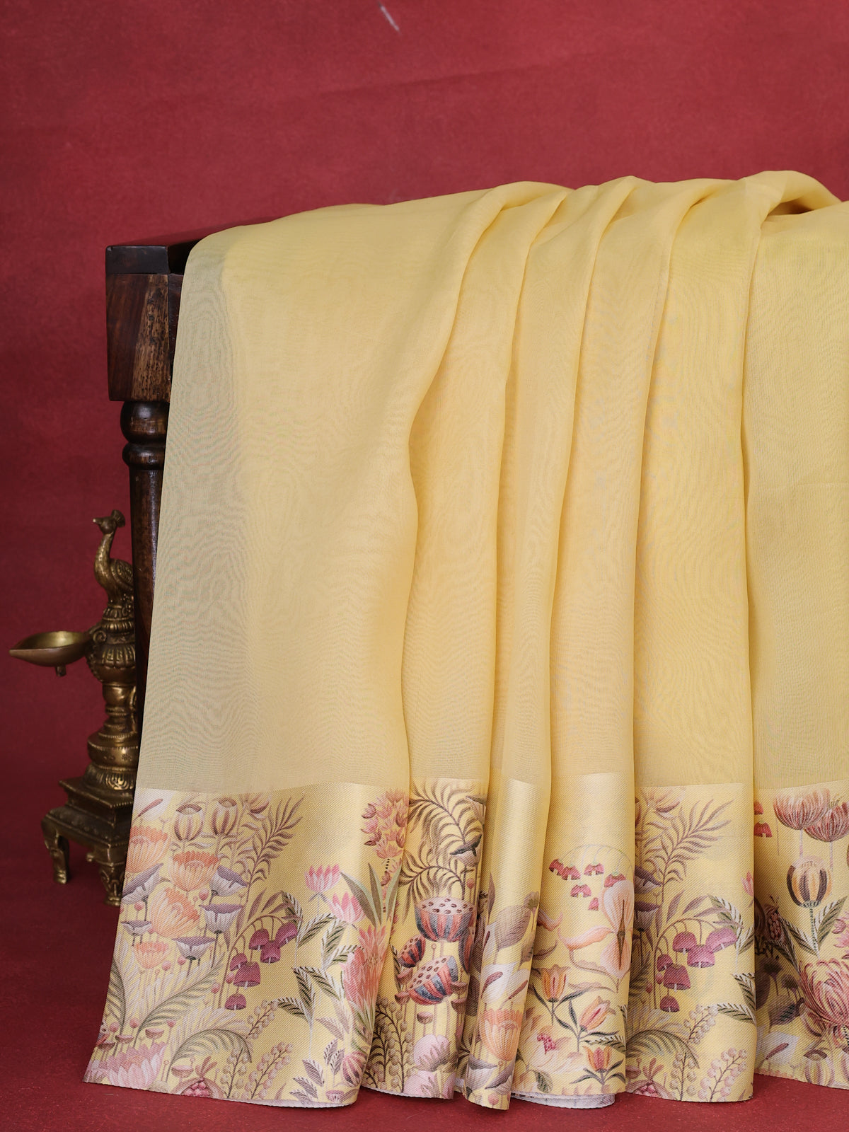 Yellow Green Banarasi Kora Saree With Plain Body And Satin Border Prints
