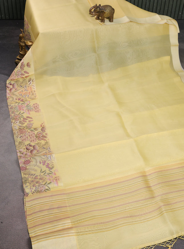 Yellow Green Banarasi Kora Saree With Plain Body And Satin Border Prints