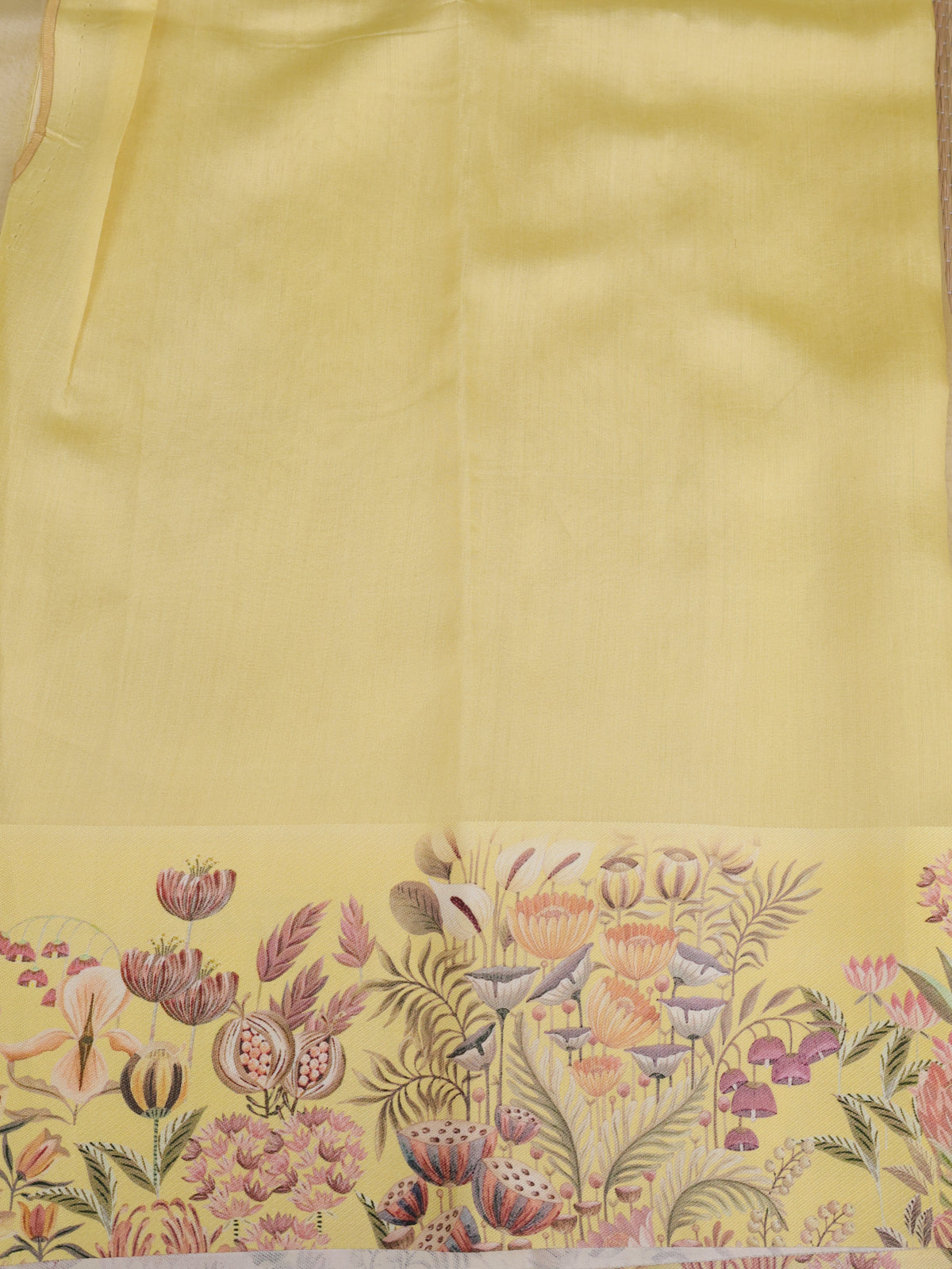 Yellow Green Banarasi Kora Saree With Plain Body And Satin Border Prints