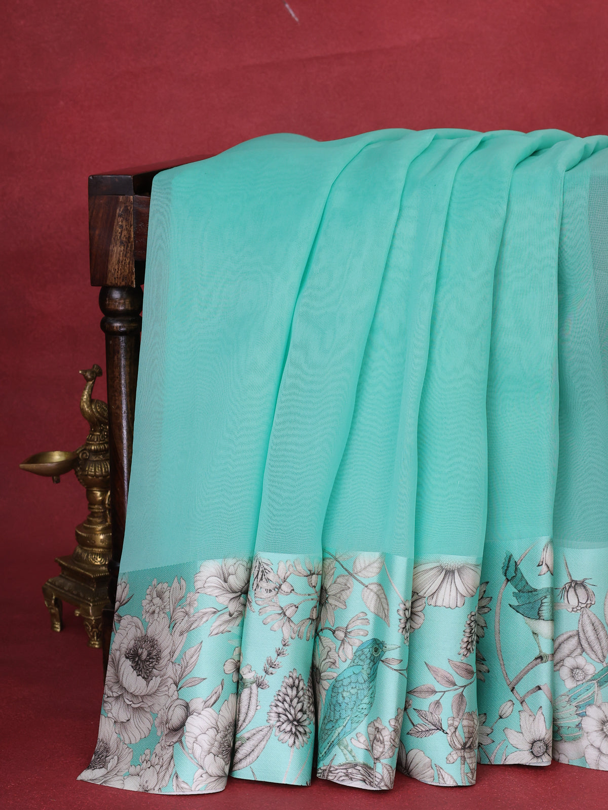 Teal Blue Banarasi Kora Saree With Plain Body And Satin Border Prints