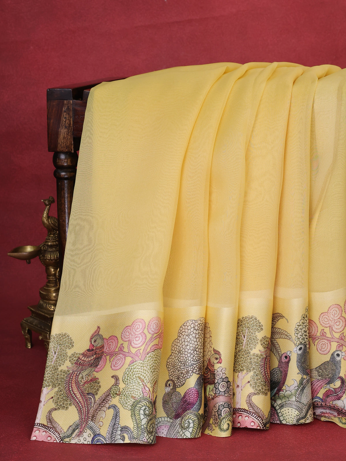 Yellow Banarasi Kora Saree With Plain Body And Satin Border Prints