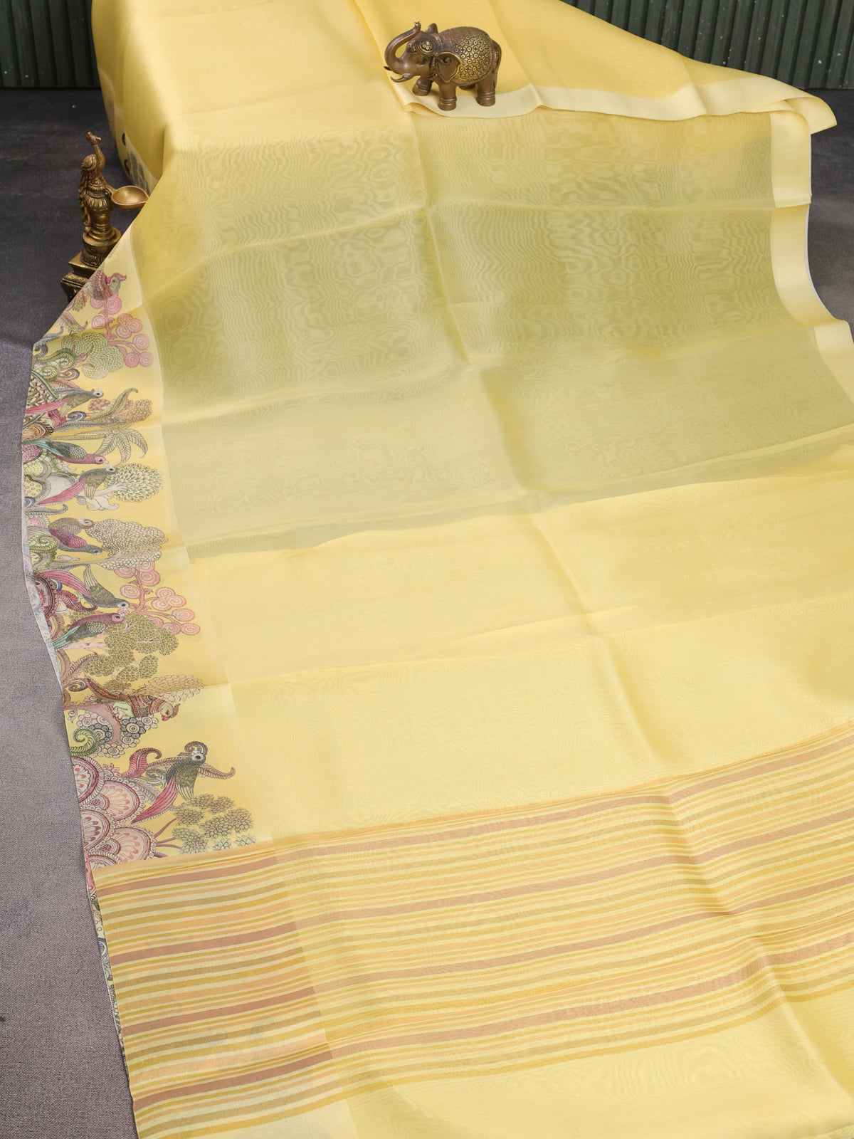 Yellow Banarasi Kora Saree With Plain Body And Satin Border Prints