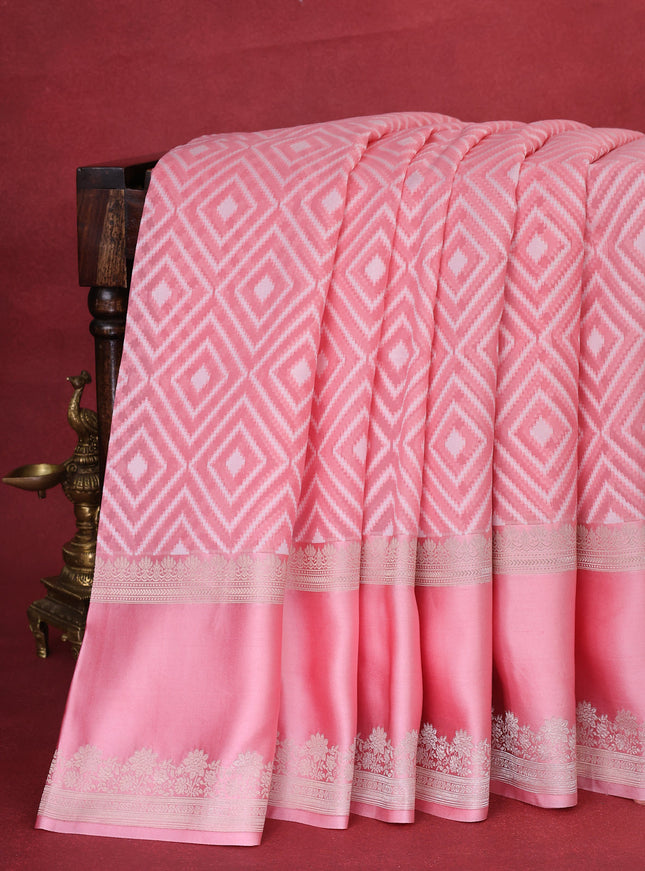 Peach Pink Banarasi Kora Saree With Allover Thread Weaves And Satin Border