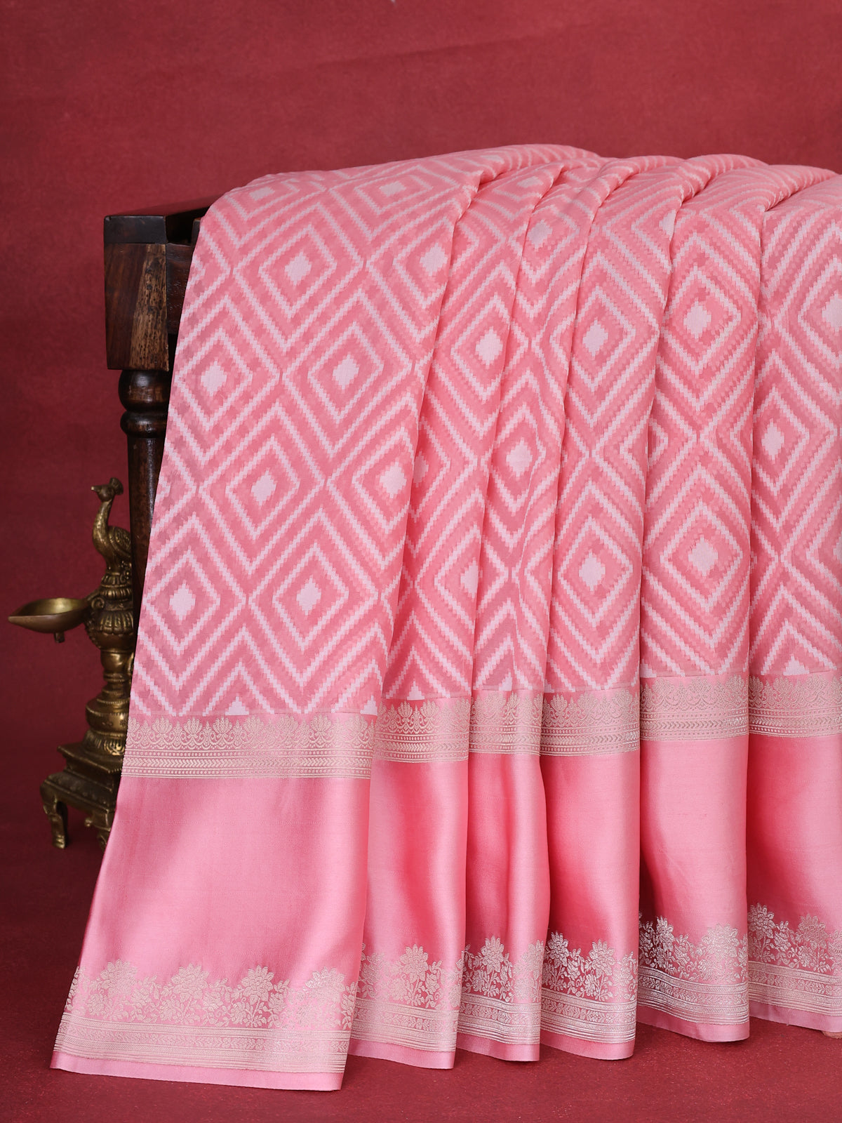 Peach Pink Banarasi Kora Saree With Allover Thread Weaves And Satin Border