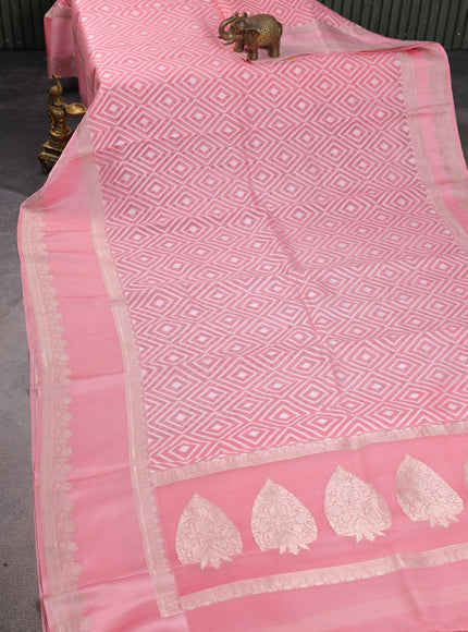 Peach Pink Banarasi Kora Saree With Allover Thread Weaves And Satin Border