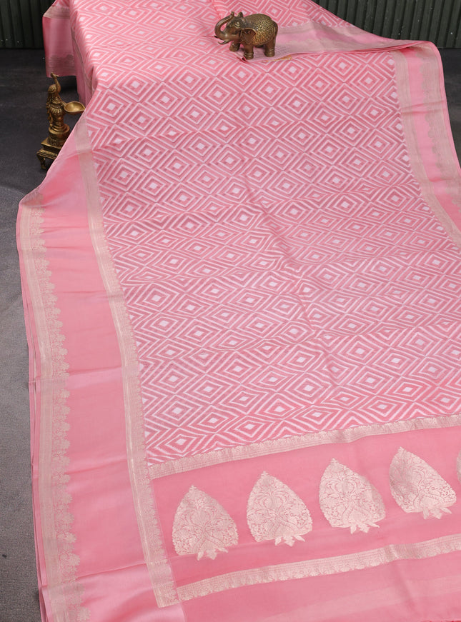 Peach Pink Banarasi Kora Saree With Allover Thread Weaves And Satin Border