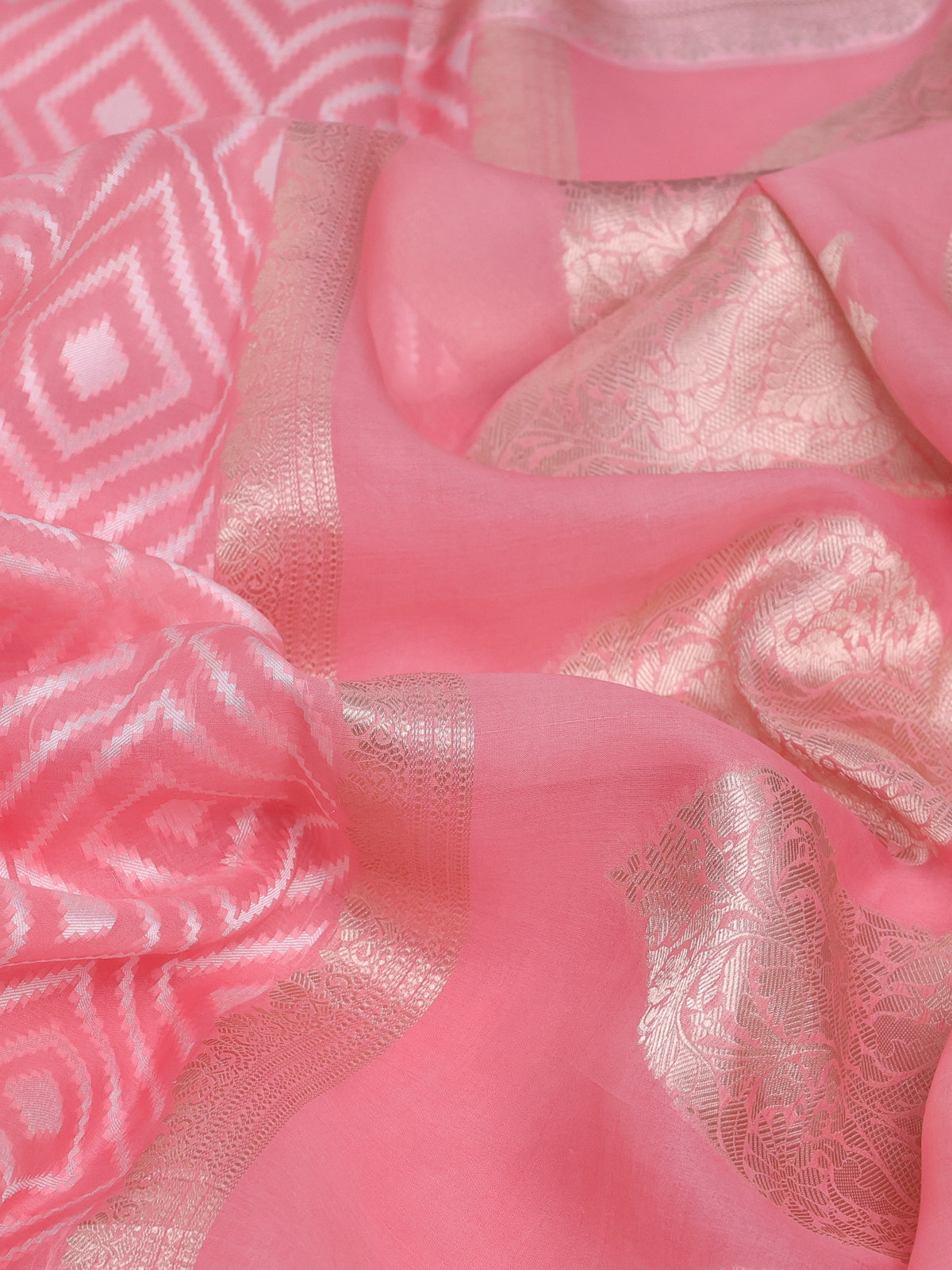 Peach Pink Banarasi Kora Saree With Allover Thread Weaves And Satin Border