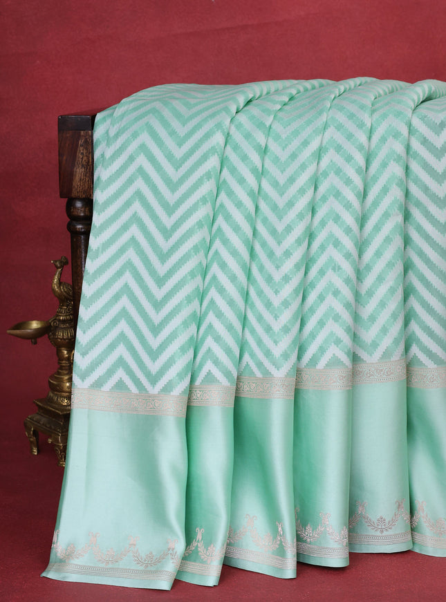 Teal Green Banarasi Kora Saree With Allover Thread Weaves And Satin Border