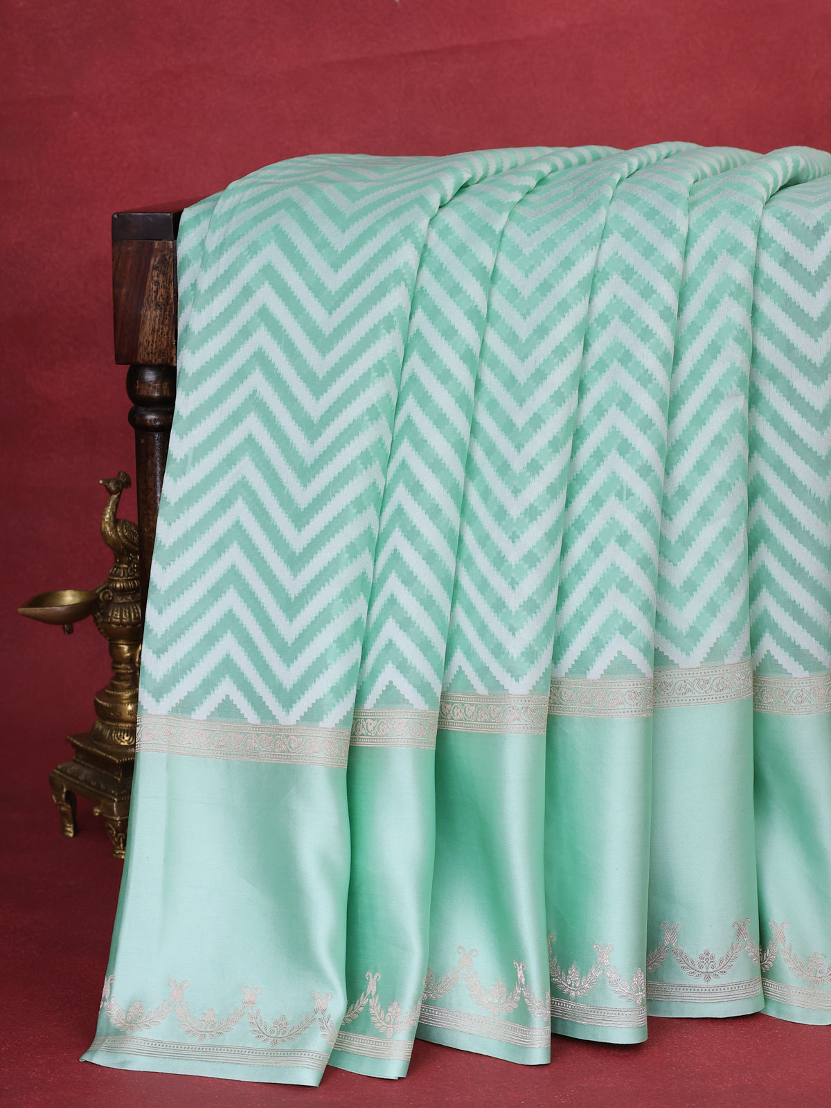 Teal Green Banarasi Kora Saree With Allover Thread Weaves And Satin Border