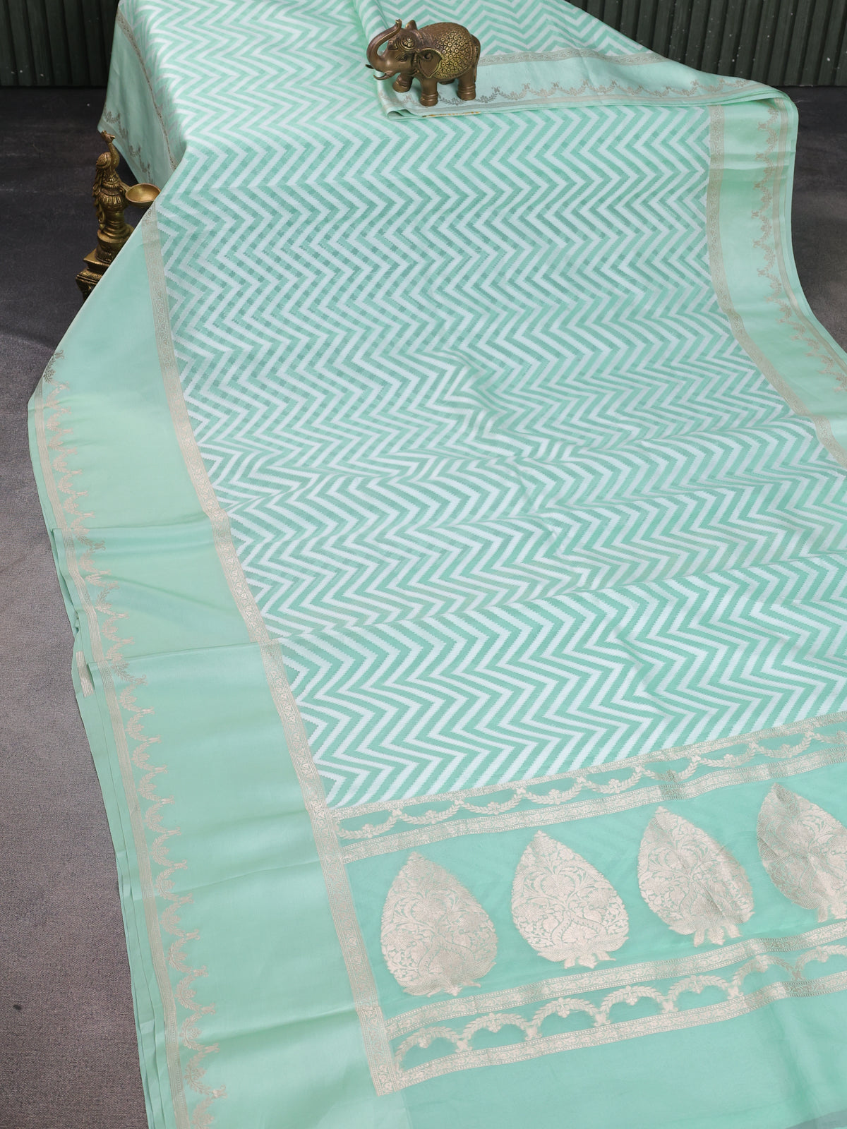 Teal Green Banarasi Kora Saree With Allover Thread Weaves And Satin Border