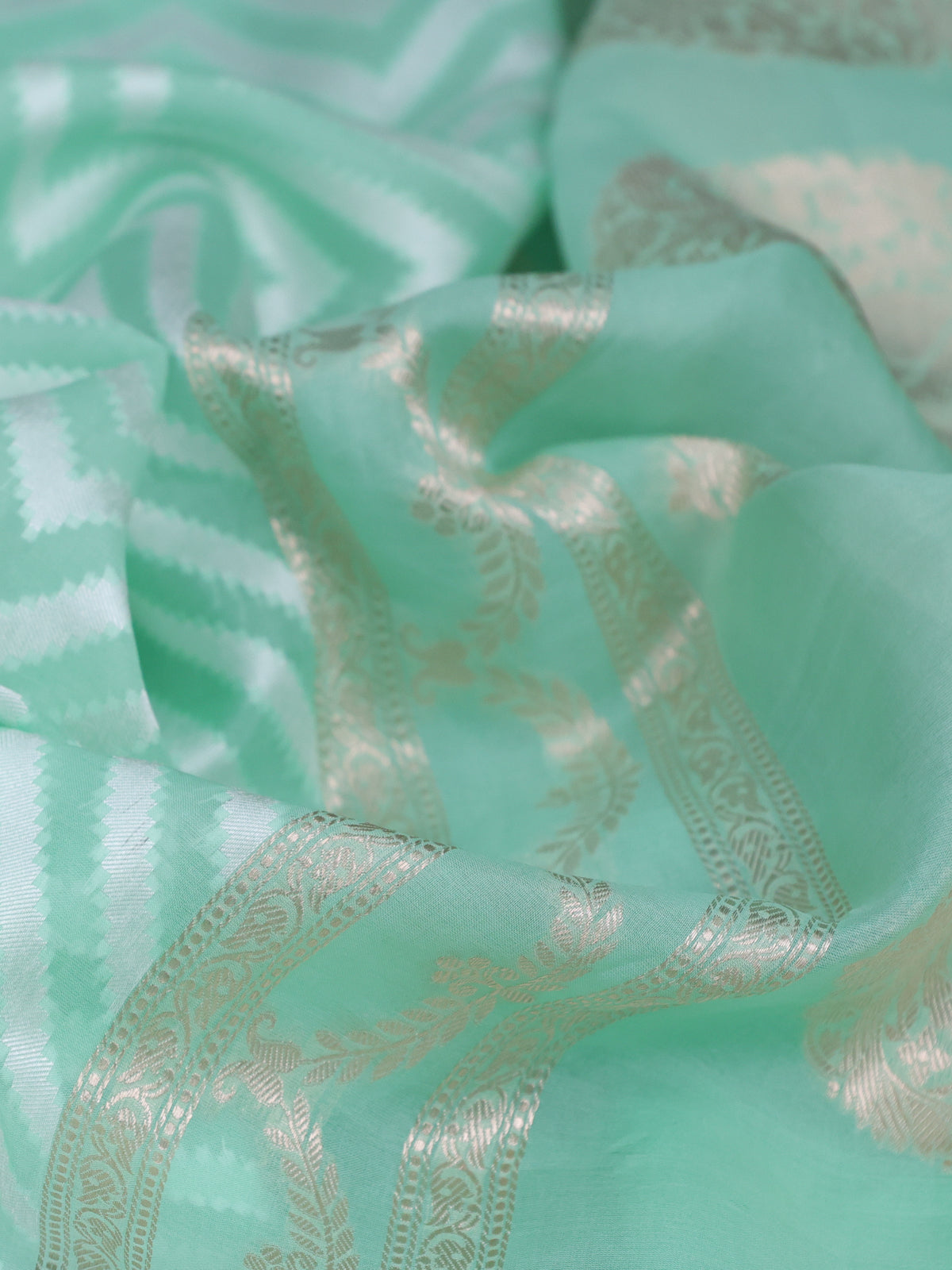 Teal Green Banarasi Kora Saree With Allover Thread Weaves And Satin Border