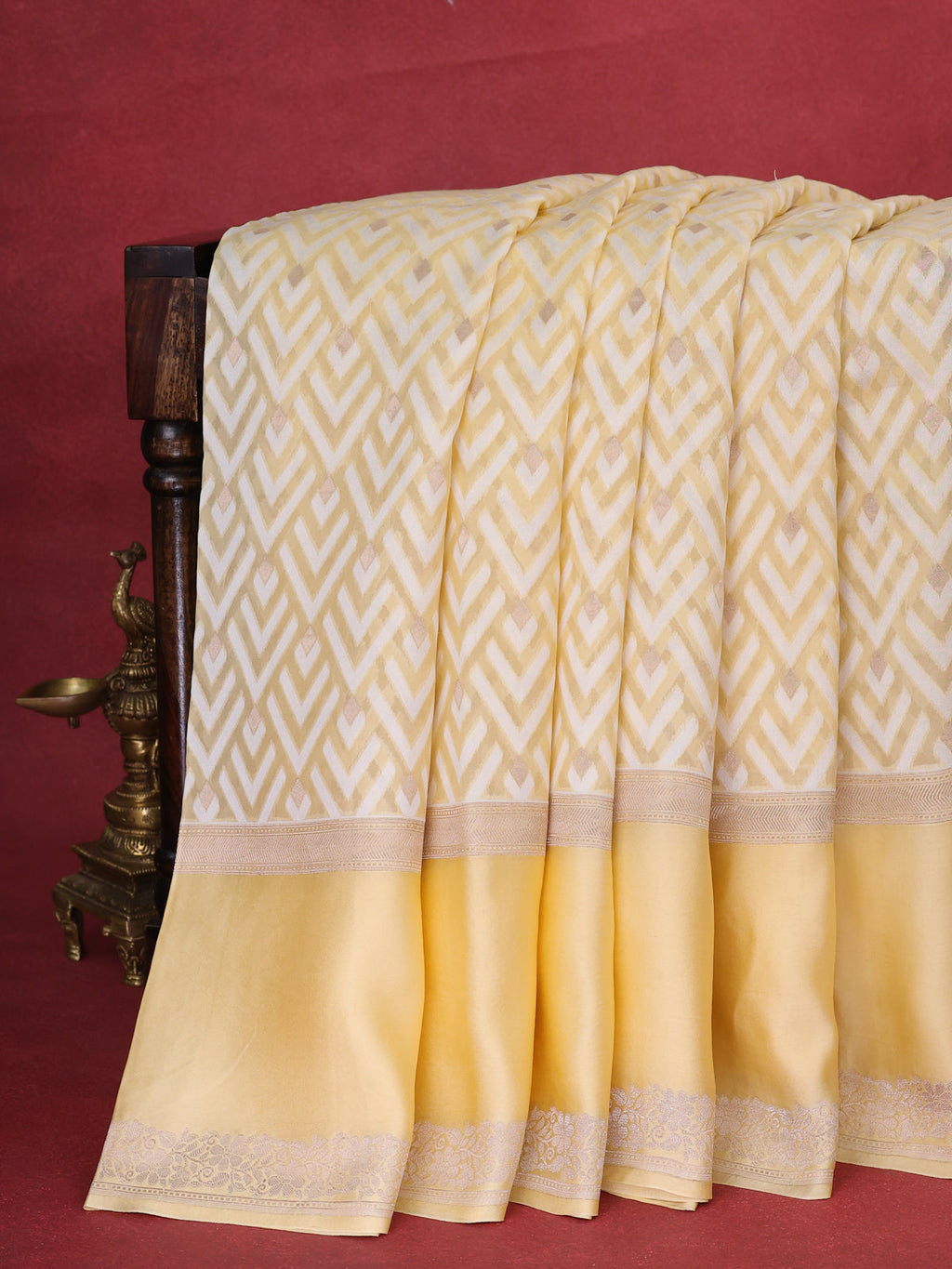 Pale Yellow Banarasi Kora Saree With Allover Thread Weaves And Satin Border