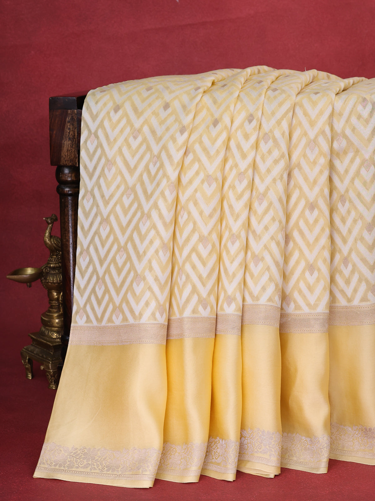 Pale Yellow Banarasi Kora Saree With Allover Thread Weaves And Satin Border
