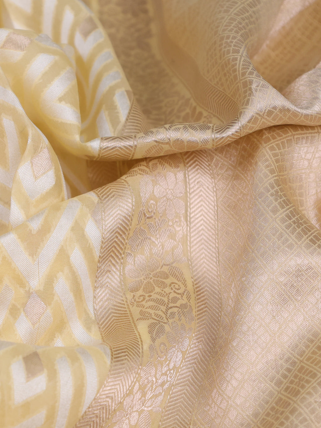 Pale Yellow Banarasi Kora Saree With Allover Thread Weaves And Satin Border