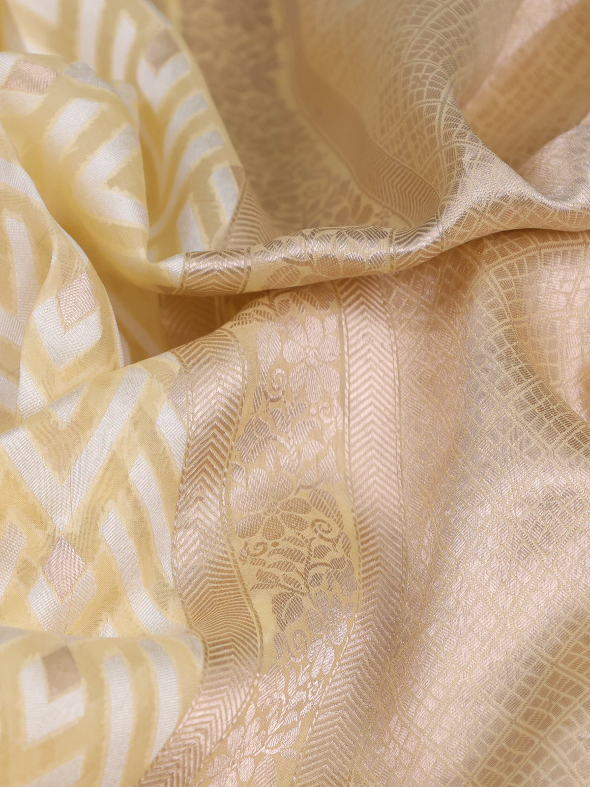 Pale Yellow Banarasi Kora Saree With Allover Thread Weaves And Satin Border