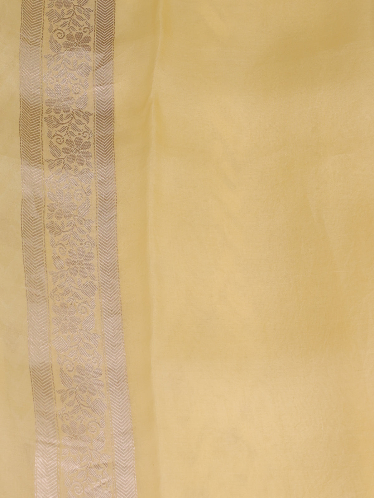 Pale Yellow Banarasi Kora Saree With Allover Thread Weaves And Satin Border