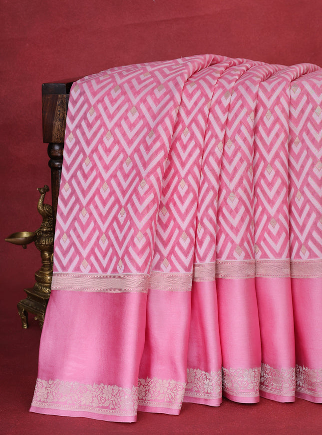 Light Pink Banarasi Kora Saree With Allover Thread Weaves And Satin Border