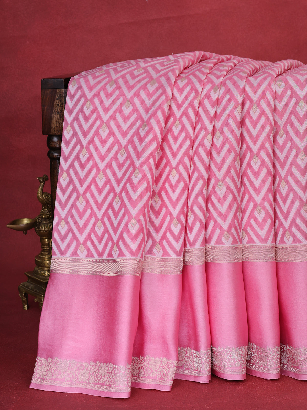 Light Pink Banarasi Kora Saree With Allover Thread Weaves And Satin Border