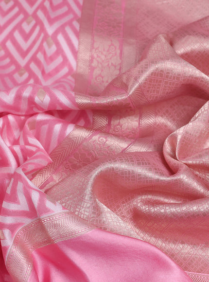 Light Pink Banarasi Kora Saree With Allover Thread Weaves And Satin Border