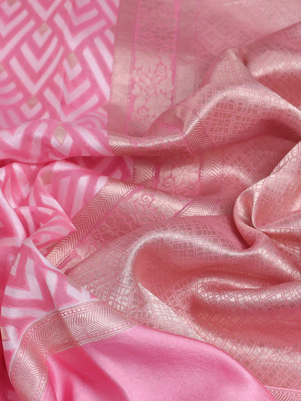 Light Pink Banarasi Kora Saree With Allover Thread Weaves And Satin Border