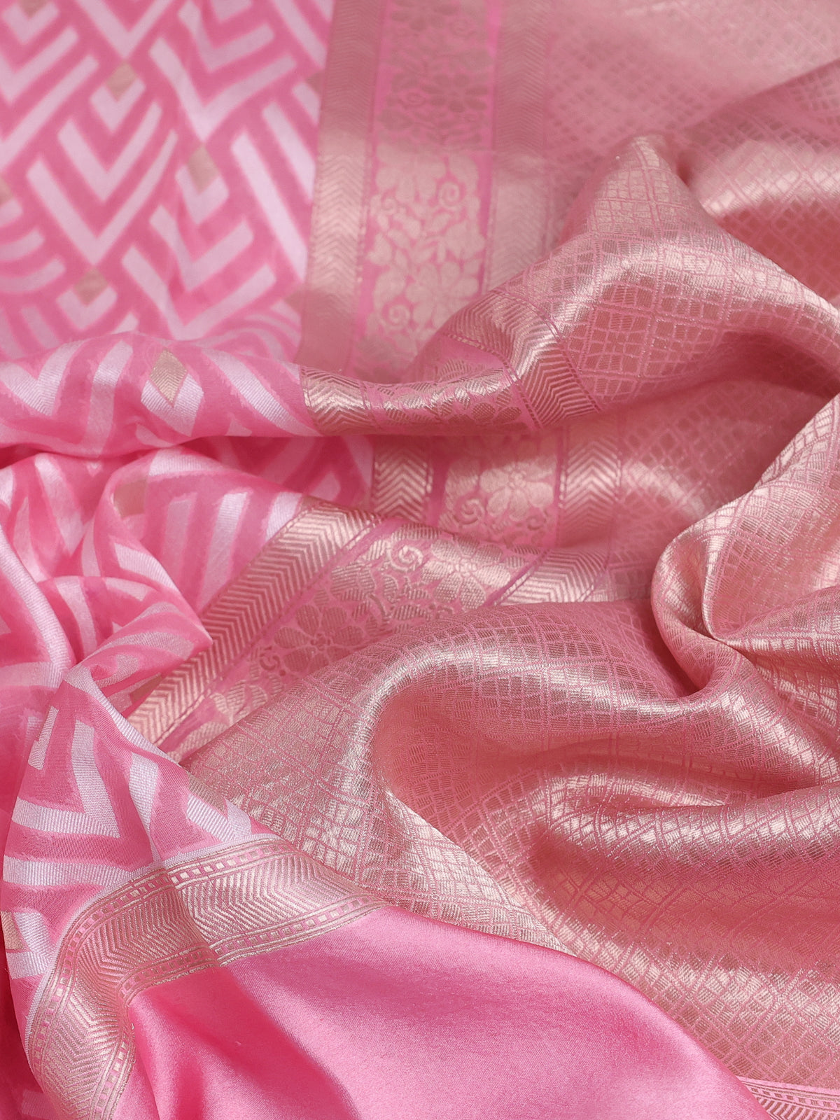 Light Pink Banarasi Kora Saree With Allover Thread Weaves And Satin Border