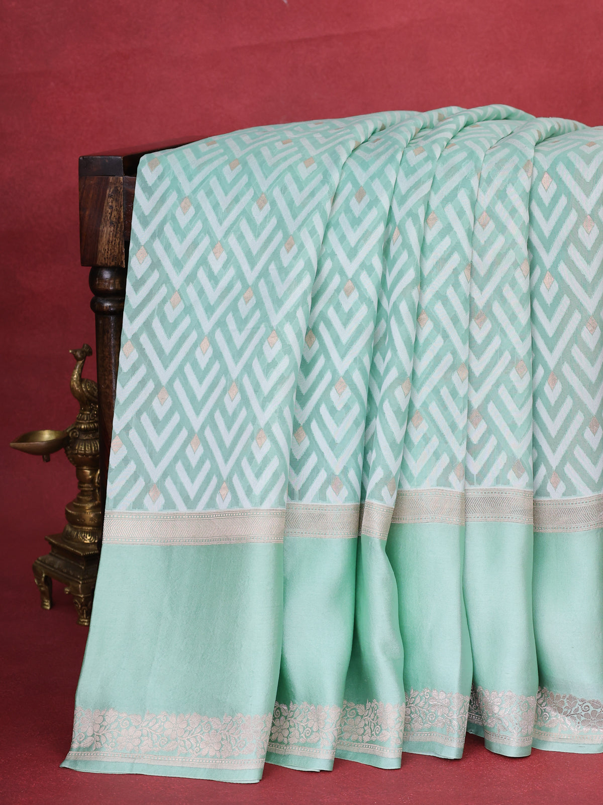 Teal Green Banarasi Kora Saree With Allover Thread Weaves And Satin Border