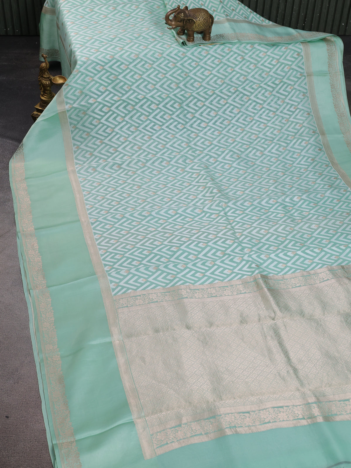 Teal Green Banarasi Kora Saree With Allover Thread Weaves And Satin Border