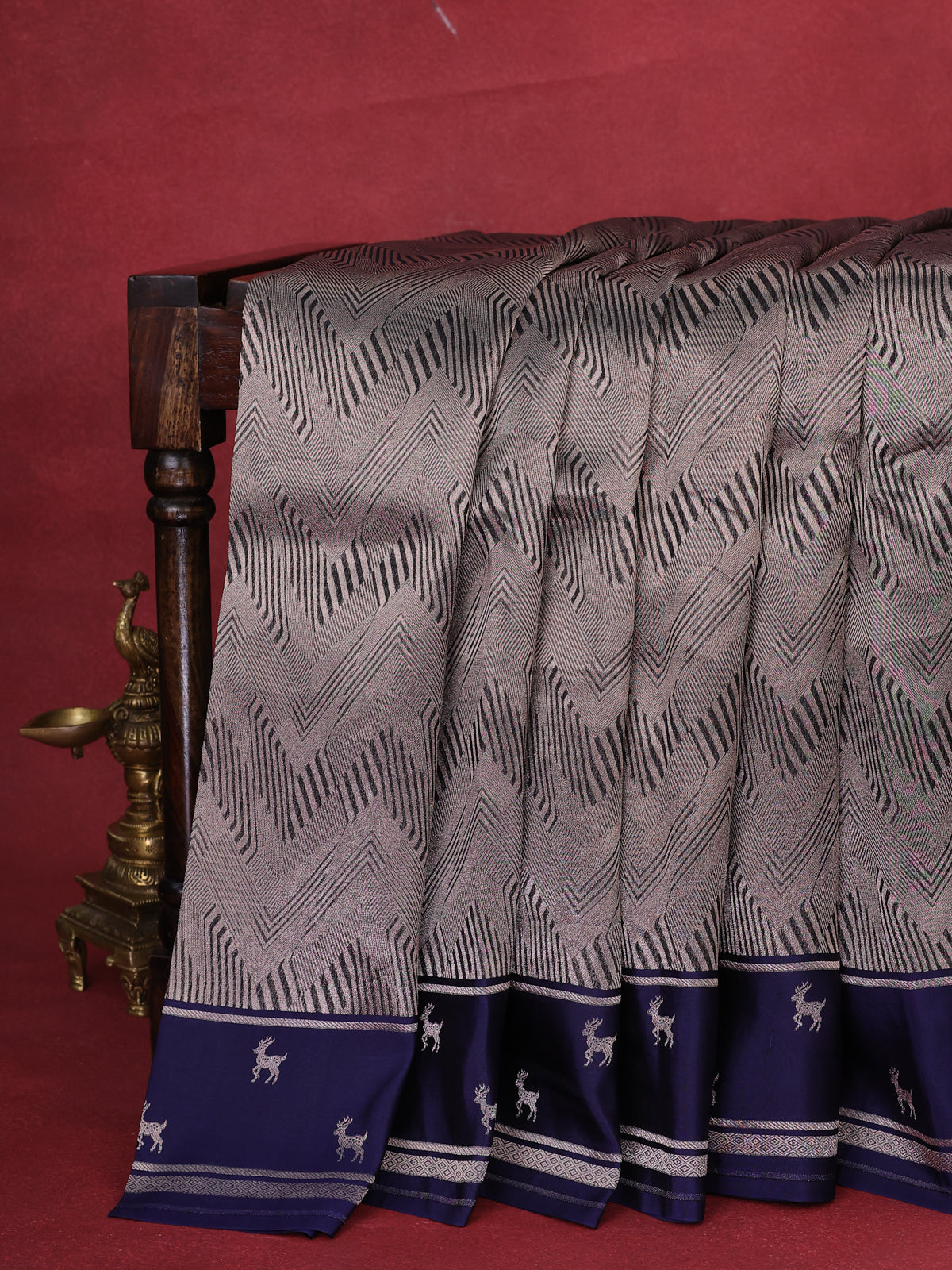 Blue Banarasi Silk Saree With Allover Zari Weaves & Deer Butta Border