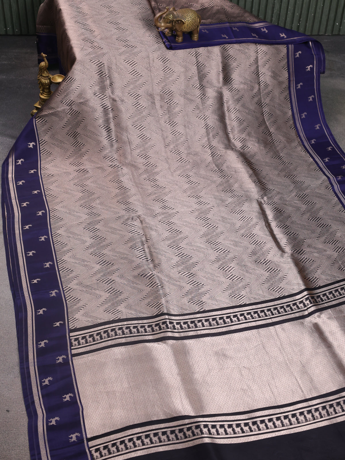 Blue Banarasi Silk Saree With Allover Zari Weaves & Deer Butta Border