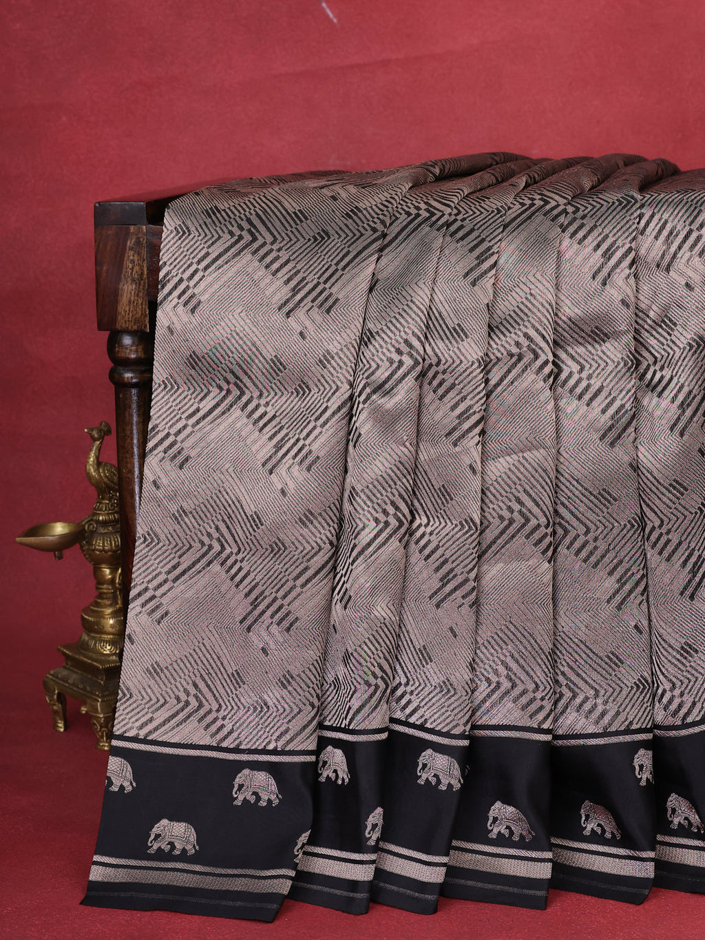 Black Banarasi Silk Saree With Allover Zari Weaves & Elephant Butta Border