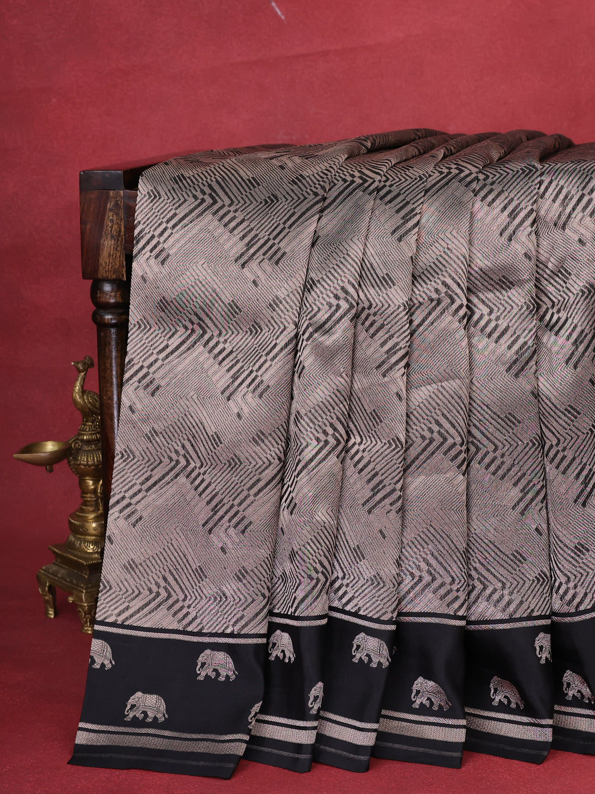 Black Banarasi Silk Saree With Allover Zari Weaves & Elephant Butta Border