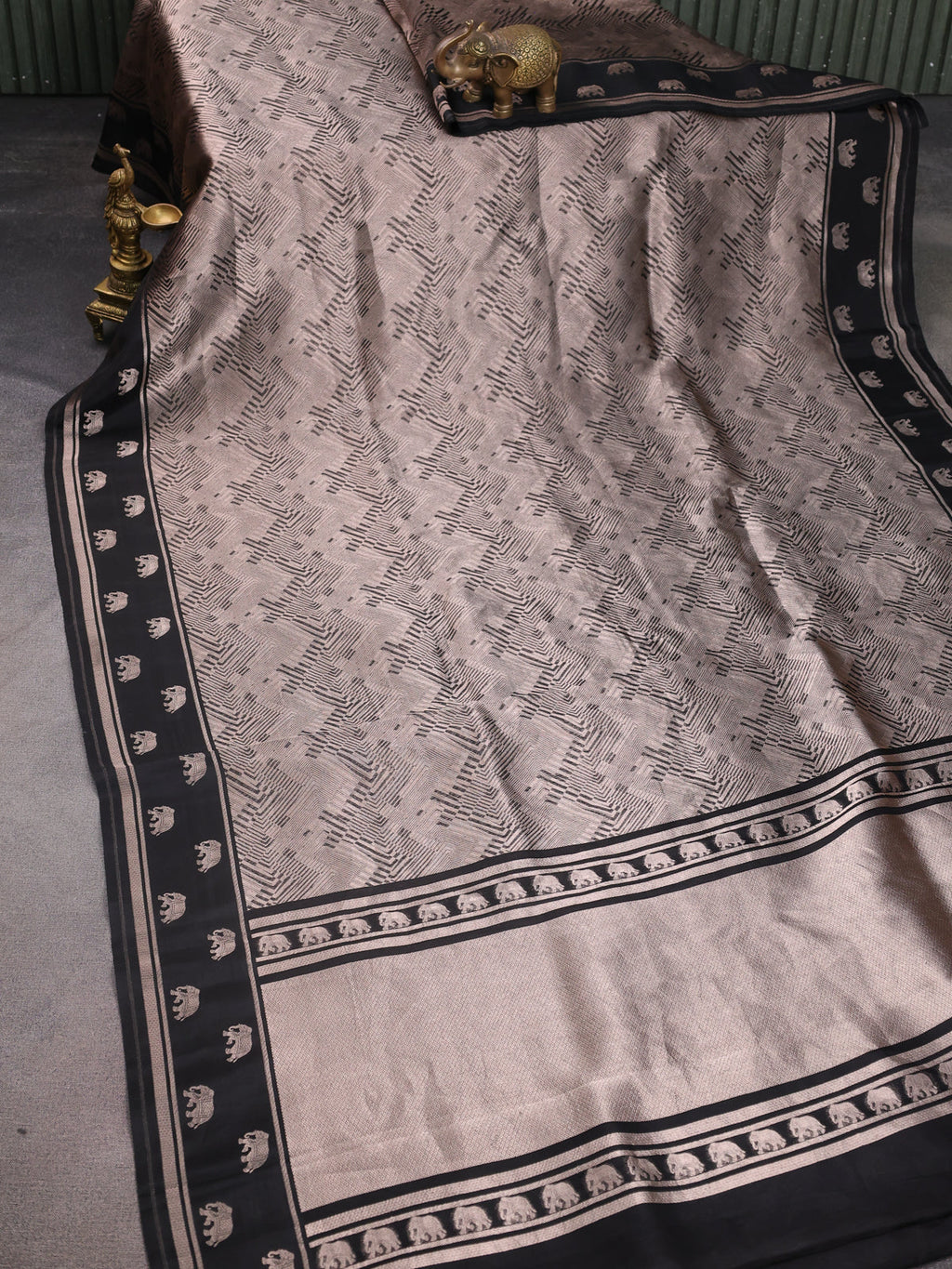 Black Banarasi Silk Saree With Allover Zari Weaves & Elephant Butta Border