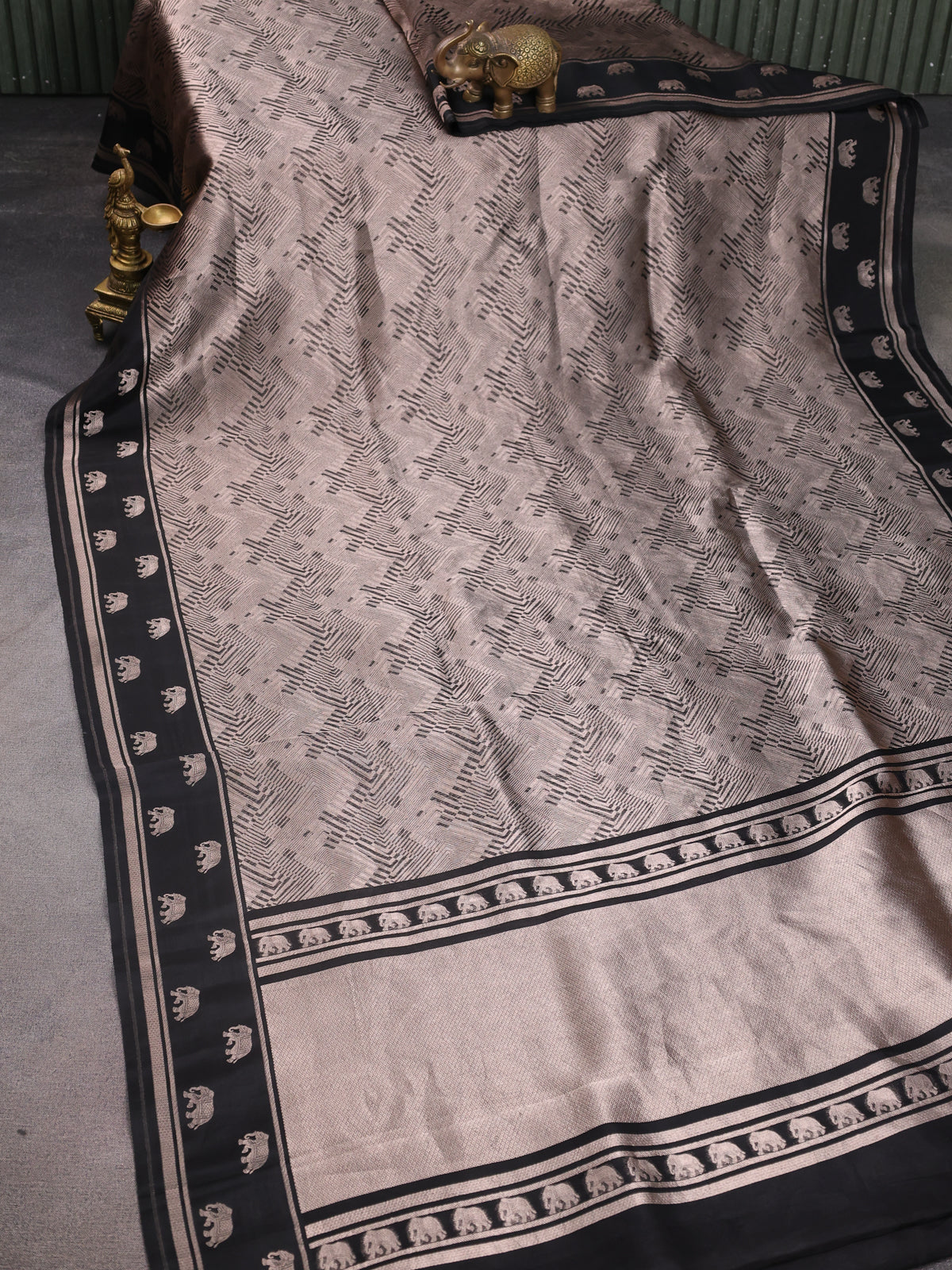 Black Banarasi Silk Saree With Allover Zari Weaves & Elephant Butta Border