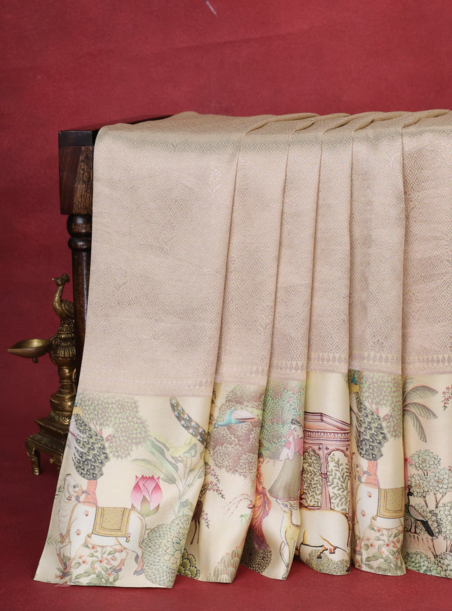 Cream Banarasi Silk Saree With Allover Zari Weaves & Satin Border Prints