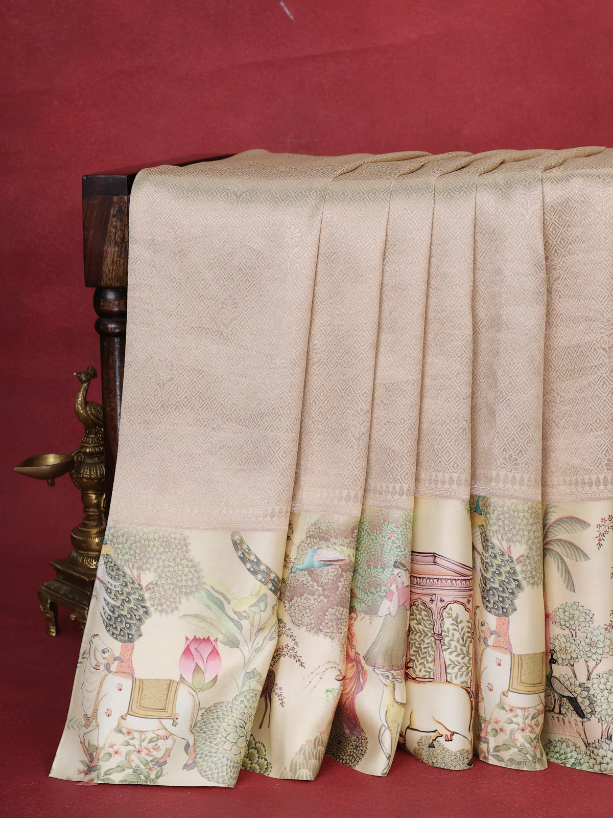 Cream Banarasi Silk Saree With Allover Zari Weaves & Satin Border Prints
