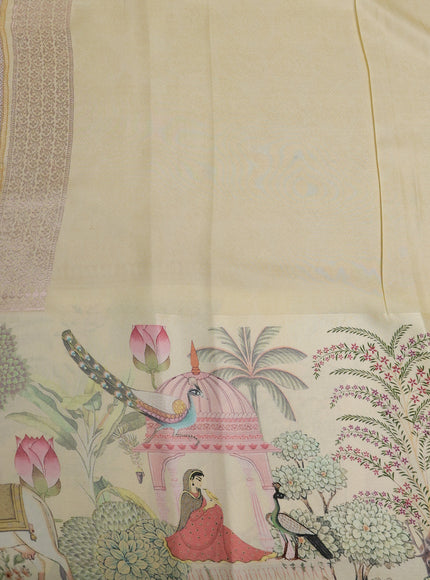 Cream Banarasi Silk Saree With Allover Zari Weaves & Satin Border Prints