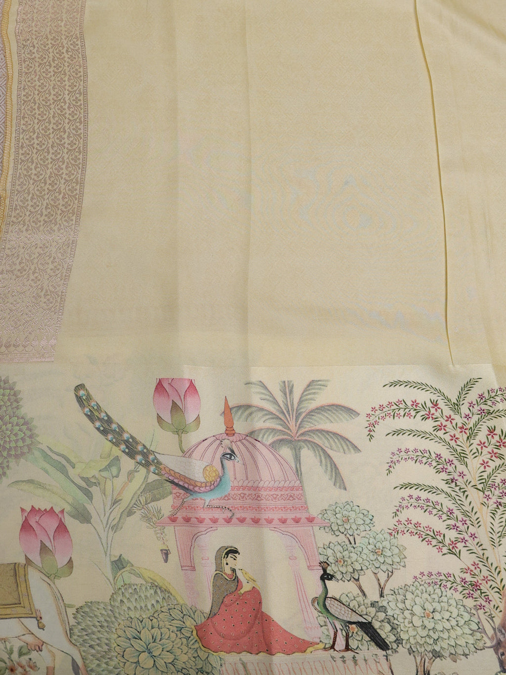 Cream Banarasi Silk Saree With Allover Zari Weaves & Satin Border Prints