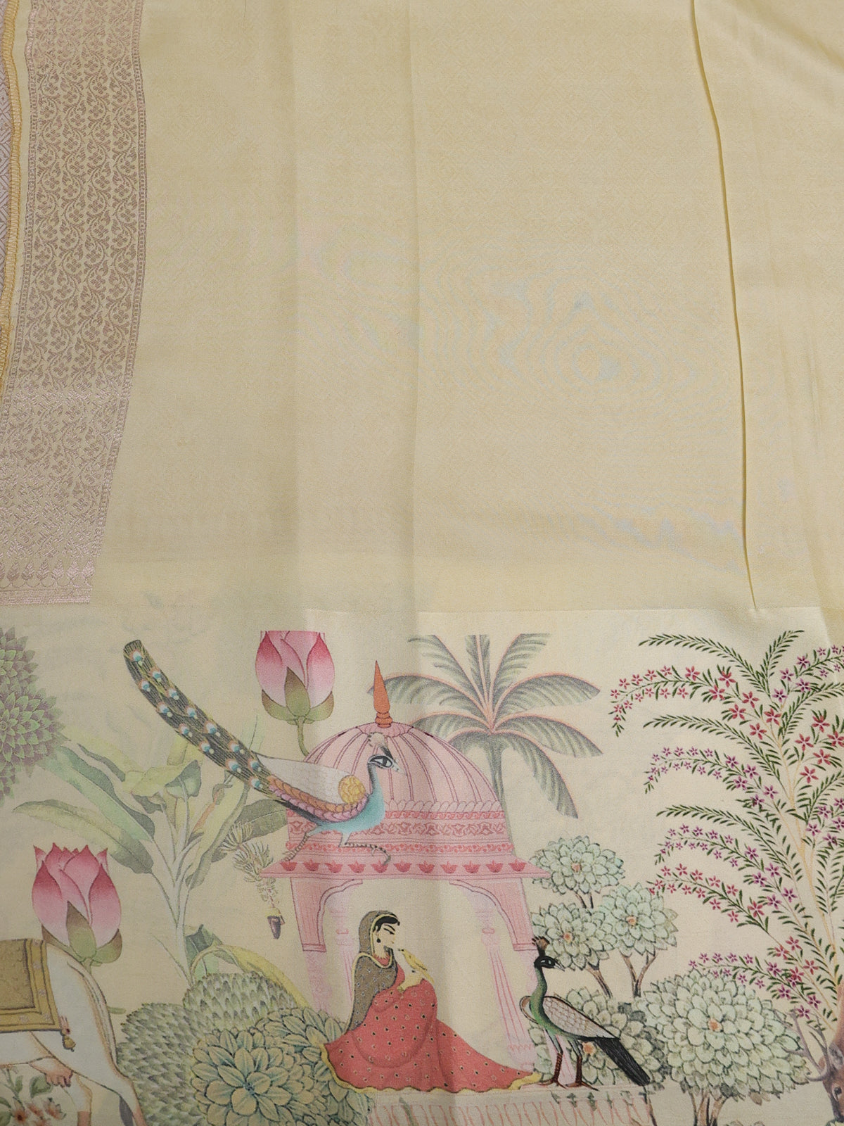 Cream Banarasi Silk Saree With Allover Zari Weaves & Satin Border Prints